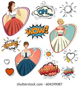 Set of vector pop art girls and comic cartoon elements with halftone shadows.