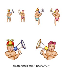 Set of vector pop art round avatar icons for social network users blogs, profiles. Surprised baby in diaper, boy in propeller cap, girl with bow on head holding megaphone isolated illustration