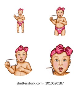 Set of vector pop art round avatar icons for social network users blogs, profiles. Surprised baby kid in diaper, girl with pink bow on head holding smartphone with mouth open, isolated illustration