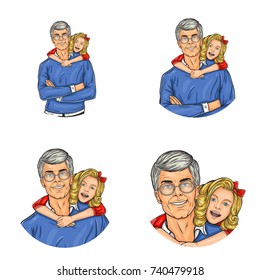 Set of vector pop art round avatar icons for users of social networking, blogs, profile icons. Senior adult man with gray hair and glasses and embracing him little girl, family happiness