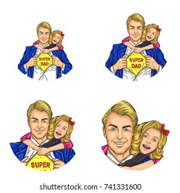 Set of vector pop art round avatar icons for users of social networking, blogs, profile icons. Adult man with blonde hair and glasses and embracing him little girl, super dad, family happiness
