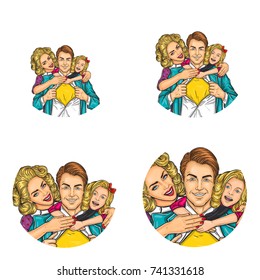 Set of vector pop art round avatar icons for users of social networking, blogs, profile icons. Adult man, woman and embracing them little girl, family happiness