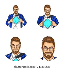 Set of vector pop art round avatar icons for users of social networking, blogs, profile icons. Businessman, manager, super worker in a suit with a shirt open on his chest