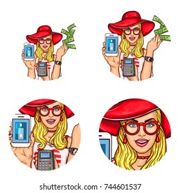 Set of vector pop art round avatar icons for users of social networking, blogs, profile icons. Young blond girl in a red hat and glasses demonstrates the ease of using electronic payments