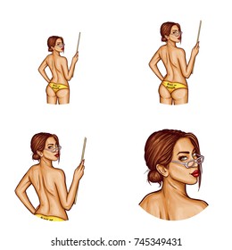 Set of vector pop art round avatar icons for users of social networking, blogs, profile icons. Young pin up sexy teacher girl with brown hair and a pointer in her hand turned her naked back