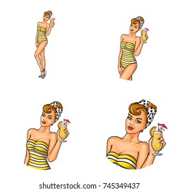 Set of vector pop art round avatar icons for users of social networking, blogs, profile icons. Young blonde girl in swimsuit holds a glass of cocktail in her hand