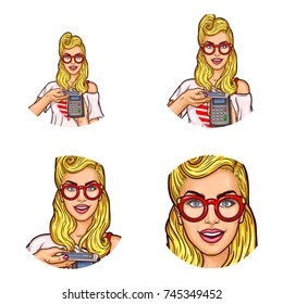 Set of vector pop art round avatar icons for users of social networking, blogs, profile icons. Young blond girl in a red glasses demonstrates the ease of using electronic payments