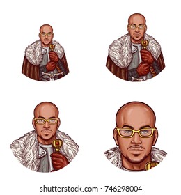 Set of vector pop art round avatar icons for users of social networking, blogs, profile icons. Man in medieval clothes and glasses, leather coat with fur, steel armor and sword.