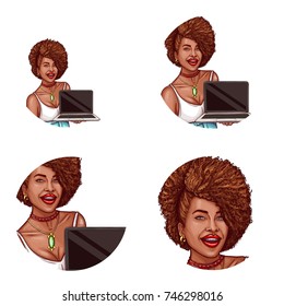 Set of vector pop art round avatar icons for users of social networking, blogs, profile icons. Young black woman with curly hair demonstrates of screen her laptop