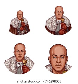 Set of vector pop art round avatar icons for users of social networking, blogs, profile icons. Man in medieval clothes, leather coat with fur, steel armor and sword.