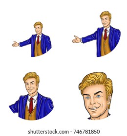 Set of vector pop art round avatar icons for users of social networking, blogs, profile icons. Businessman, manager, host, owner makes inviting gesture with his arm