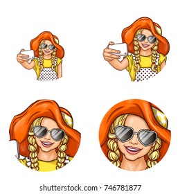 Set of vector pop art round avatar icons for users of social networking, blogs, profile icons. Young blonde girl in a red hat and sunglasses make a selfie photo on the phone