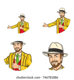 Set of vector pop art round avatar icons for users of social networking, blogs, profile icons. Businessman, manager, host, owner thumbs up and makes inviting gesture with his arm