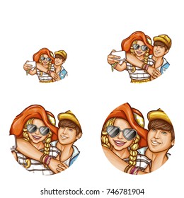 Set of vector pop art round avatar icons for users of social networking, blogs, profile icons. Teenagers couple, a young blonde girl and her boyfriend make a selfie photo on the phone