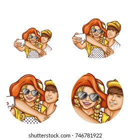 Set of vector pop art round avatar icons for users of social networking, blogs, profile icons. Teenagers couple, a young blonde girl and her boyfriend make a selfie photo on the phone