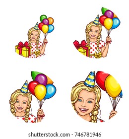 Set of vector pop art round avatar icons for users of social networking, blogs, profile icons. Child, a little blonde girl in a multi-colored cardboard cap and with balloons in her hand
