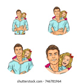 Set of vector pop art round avatar icon for users of social networking, blogs, profile icon. Adult man, father and his beloved daughter embracing him, family happiness