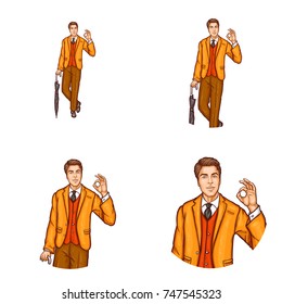 Set of vector pop art round avatar icons for users of social networking, blogs, profile icons. Adult man hipster in vintage suit holds an umbrella stick in his hand