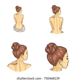 Set of vector pop art round avatar icons for users of social networking, blogs, profile icons. Young brunette girl with hair gathered on the back of her head turned naked back