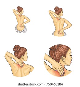 Set of vector pop art round avatar icons for users of social networking, blogs, profile icons. Young brunette girl with hair gathered on the back of her head and backache turned naked back