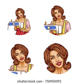 Set of vector pop art round avatar icons for users of social networking, blogs, profile icons. Young woman tailor with brown hair next to a sewing machine