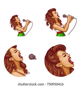 Set of vector pop art round avatar icons for users of social networking, blogs, profile icons. Young pin up sexy girl with brown hair holds a microphone in her hand and sings