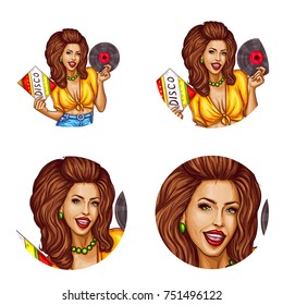 Set of vector pop art round avatar icons for users of social networking, blogs, profile icons. Young pin up sexy girl with brown hair holds a vinyl record in her hand