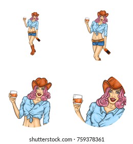Set of vector pop art round avatar icons for users of social networking, blogs, profile icons. Young rodeo girl in cowboy hat and a glass of whiskey in her hand