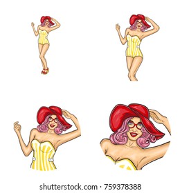 Set of vector pop art round avatar icons for users of social networking, blogs, profile icons. Young girl in a wide-brimmed red hat and swimsuit