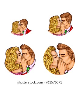 Set of vector pop art round avatar icons for users of social networking, blogs, profile icons. Young kissing couple covered with hand, girlfriend, boyfriend