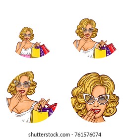Set of vector pop art round avatar icons for users of social networking, blogs, profile icons. Young fashionable girl shopper with shopping bags in hands