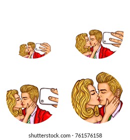 Set of vector pop art round avatar icons for users of social networking, blogs, profile icons. Young kissing couple make selfi photos on the phone, girlfriend, boyfriend