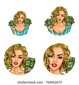 Set of vector pop art round avatar icons for users of social networking, blogs, profile icons. Girl blonde is holding the cash money