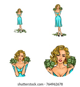 Set of vector pop art round avatar icons for users of social networking, blogs, profile icons. Girl blonde is holding the cash money