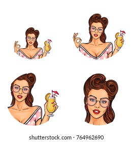 Set of vector pop art round avatar icons for users of social networking, blogs, profile icons. Young brunette girl holds a glass of cocktail in her hand
