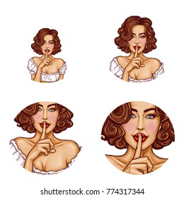 Set vector pop art round avatar icons for users social networking, blogs, profile icons. Sexy girl with brown hair holding her finger on her lips and asking for silence, quiet, do not tell anyone
