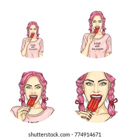 Set of vector pop art round avatar icons for users of social networking, blogs, profile icons. Young pin-up girl, teenager with pink hair holds red popsicle in her hand and is going to bite it