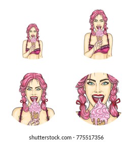 Set of vector pop art round avatar icons for users of social networking, blogs, profile icons. Young pin-up girl, teenager with pink hair holds a waffle cone with melting ice cream in her hand