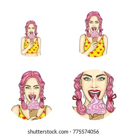 Set of vector pop art round avatar icons for users of social networking, blogs, profile icons. Young pin-up girl, teenager with pink hair holds a waffle cone with ice cream in her hand