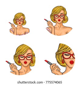 Set of vector pop art round avatar icons for users of social networking, blogs, profile icons. Young sexy fashionable girl paints her lips with red lipstick, puts on makeup