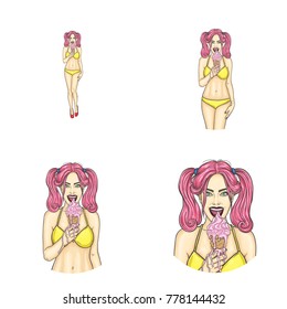 Set of vector pop art round avatar icons for users of social networking, blogs, profile icons. Young pin-up girl, teenager with pink hair holds a waffle cone with melting ice cream in her hand