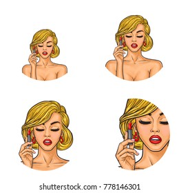 Set of vector pop art round avatar icons for users of social networking, blogs, profile icons. Young sexy fashionable girl paints her lips with red lipstick, puts on makeup