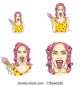 Set of vector pop art round avatar icons for users of social networking, profile icons. Young pin-up girl, teenager with pink hair and sticking out tongue holds waffle cone with ice cream in her hand