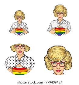 Set of vector pop art round avatar icons for users of social networking, blogs, profile icons. Young blonde lesbian girl opening shirt showing T-shirt with LGBT rainbow colored flag