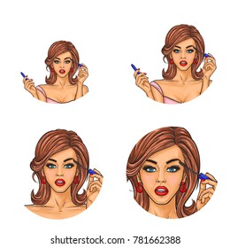 Set of vector pop art round avatar icons for users social networking, blogs, profile icons. Young sexy fashionable girl paints with applicator her eyelashes black volume mascara, puts on eyes makeup