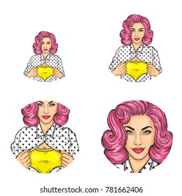 Set of vector pop art round avatar icons for users of social networking, blogs, profile icons. Pink head confident girl unbuttoning blouse showing yellow blank t-shirt. Isolated illustration.