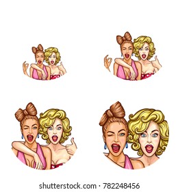Set vector pop art round avatar icons for users social networking, blogs, profile icons. Two glamorous women with emotionally open screaming mouths, one winks eye and shows OK, second shows thumbs-up