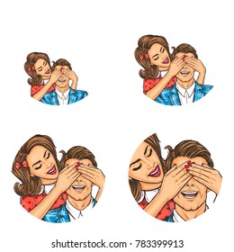Set of vector pop art round avatar icons for users of social networking, blogs, profile icons. Adult brunette man and woman standing behind him and covering his eyes with her hands, surprise Set of vector pop art round avatar icons for users of social networking, blogs, profile icons. Adult brunette man and woman standing behind him and covering his eyes with her hands, surprise