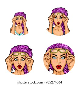 Set of vector pop art round avatar icons for users of social networking, blogs, profile icons. Surprised woman with purple hair in glasses raised on her forehead and with wide open eyes and red lips