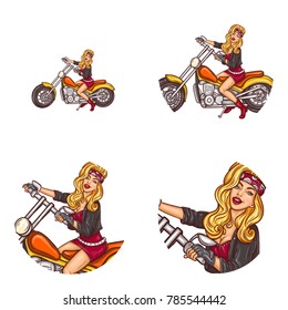 Set vector pop art round avatar icons for users social networking, blogs, profile icons. Sexy girl biker with long blond hair in leather jacket and red bandana sits on motorcycle and holds handlebar